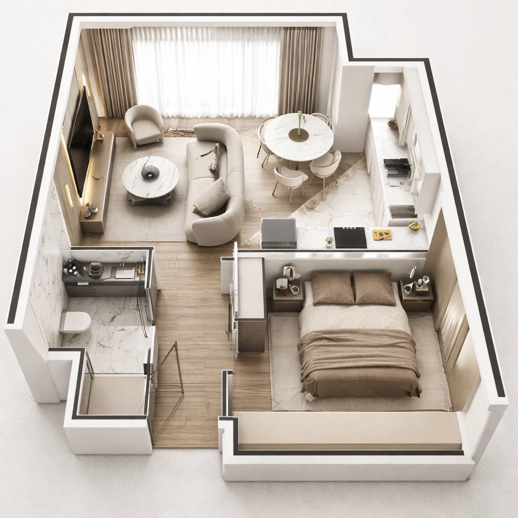 NO 27 Residences 1+1 daire 3D kat planı — salon, mutfak, yatak odası ve banyo yerleşimi